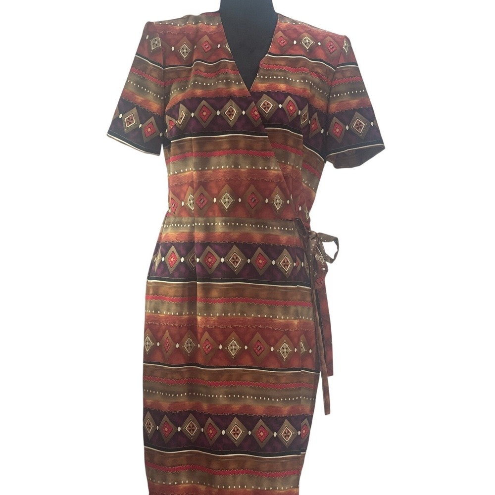 J. Stevens Womens SZ 8 Wrap Dress Multicolor Geometric Southwestern Vintage 90s